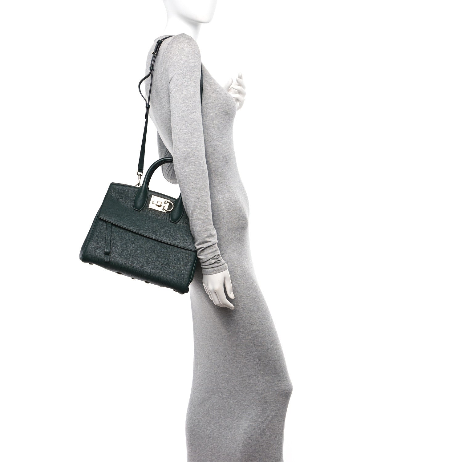 Salvatore Ferragamo Hammered Calfskin Medium Studio Top Handle Bag Dark Green 2 of 15