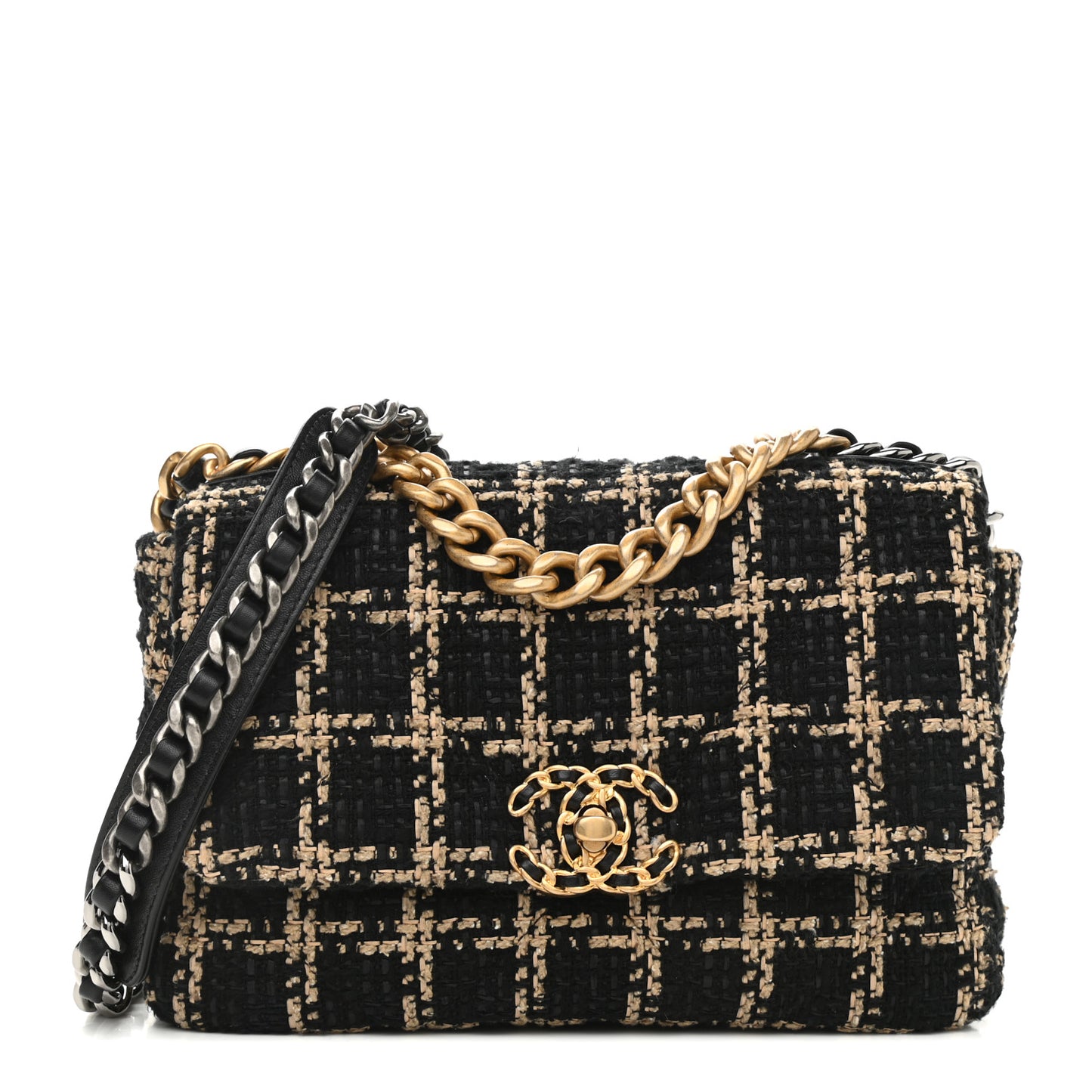 Tweed Quilted Medium Chanel 19 Flap Black Beige