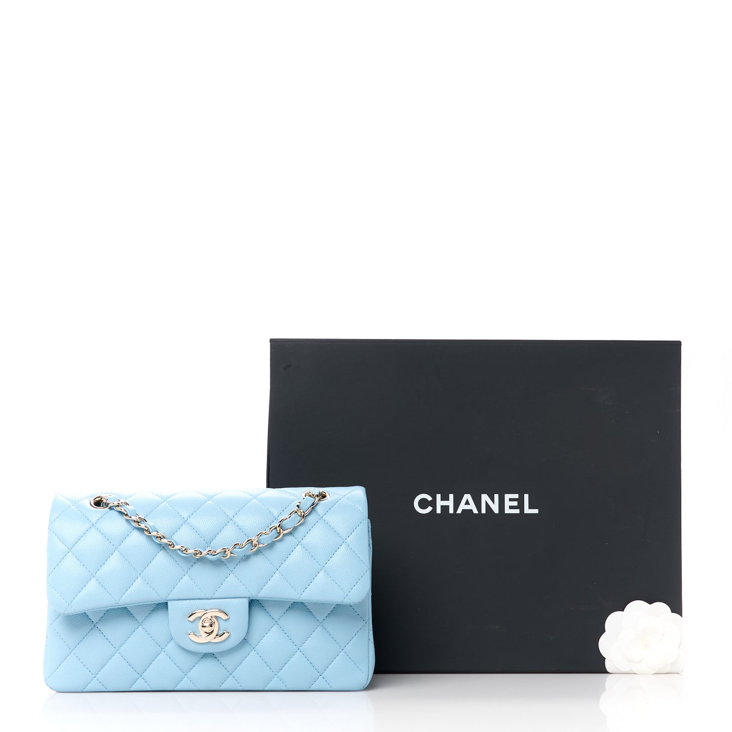 Caviar Quilted Small Double Flap Light Blue