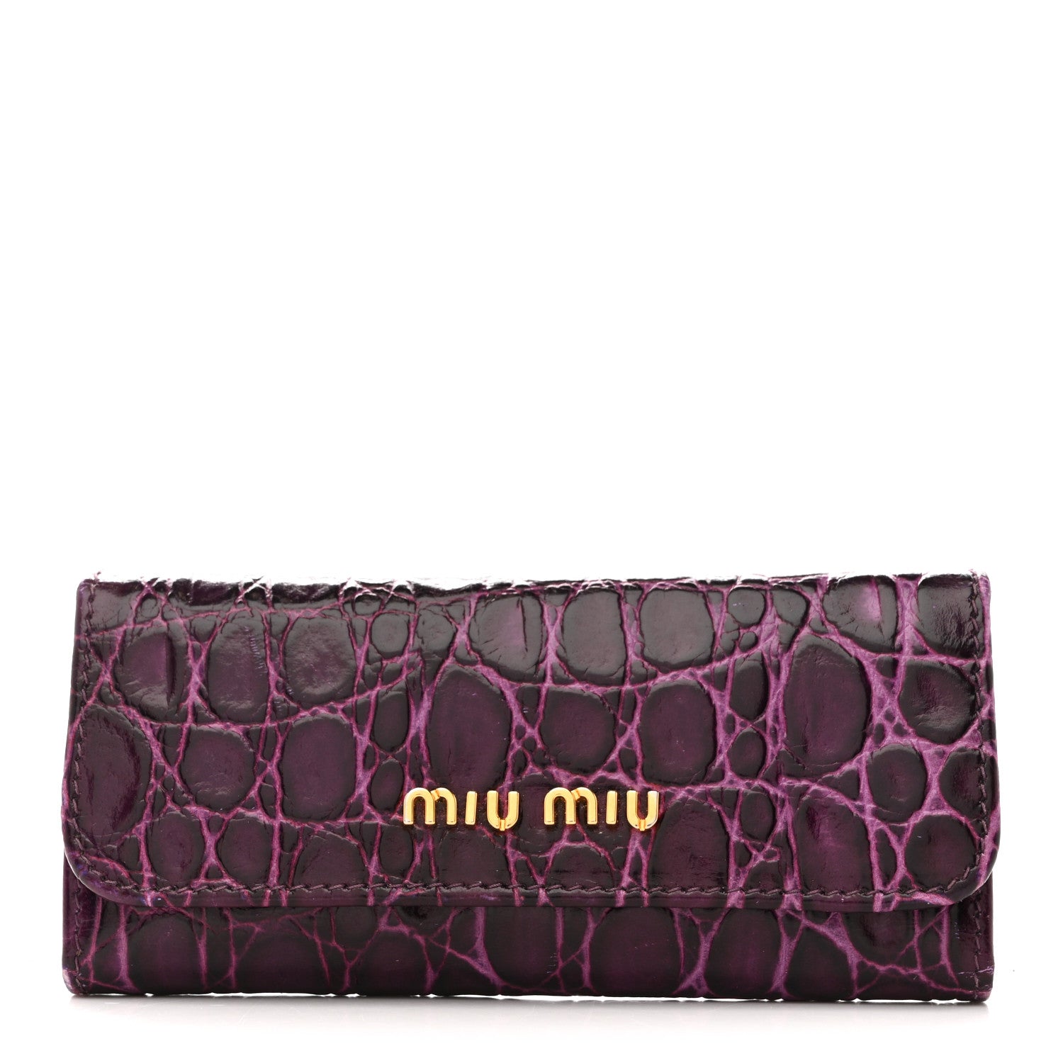 Miu Miu Calfskin Crocodile Embossed Card Holder Key Ring Petunia