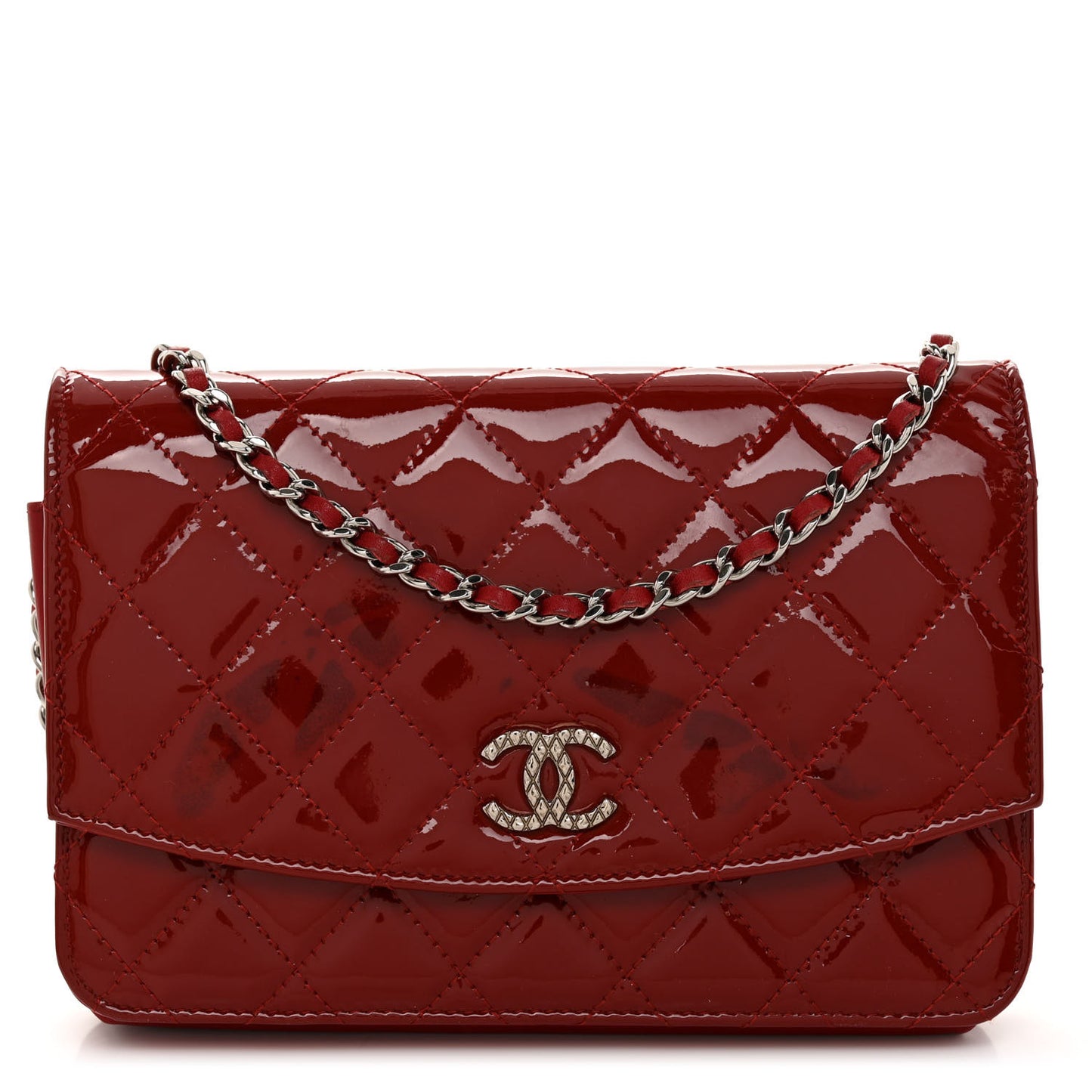 Patent Quilted Brilliant Wallet On Chain WOC Red