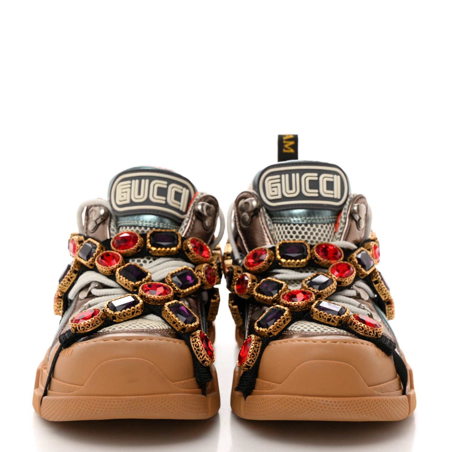 Gucci X SEGA Metallic Calfskin Mesh Removable Crystals Womens Flashtrek Sneakers 36 Rame Mystic White Lago 2 of 8