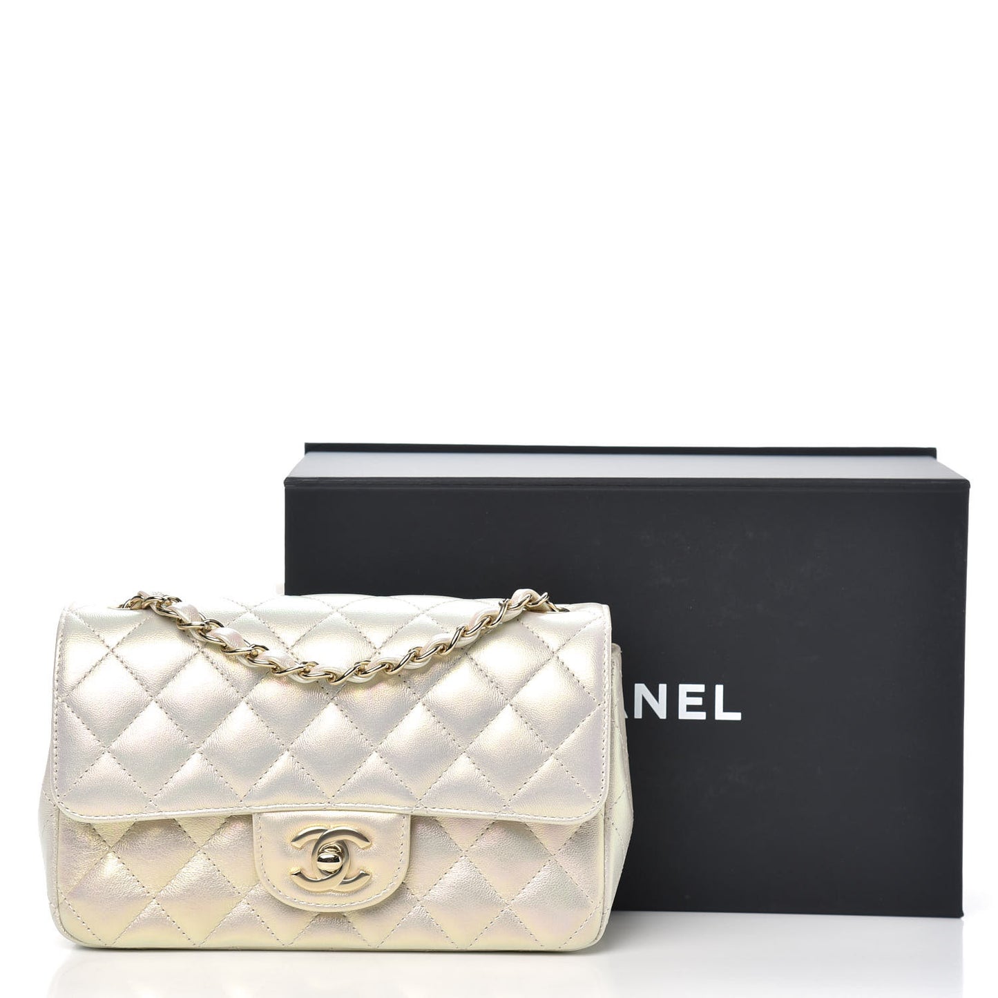 Iridescent Lambskin Quilted Mini Rectangular Flap Ivory