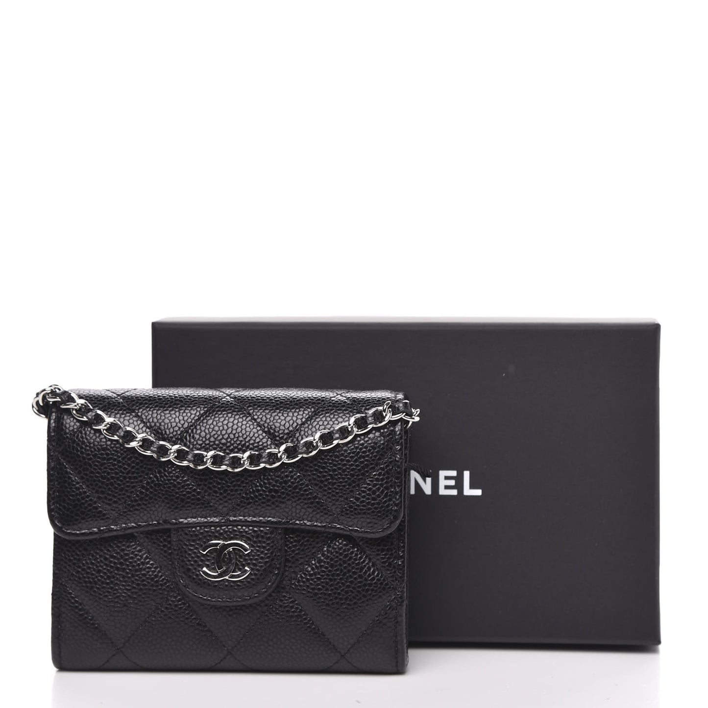 Caviar Quilted Flap Card Holder On Chain Black