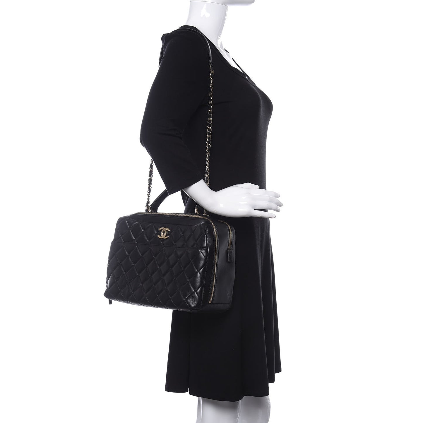 Lambskin Quilted Large Trendy CC Bowling Bag Black