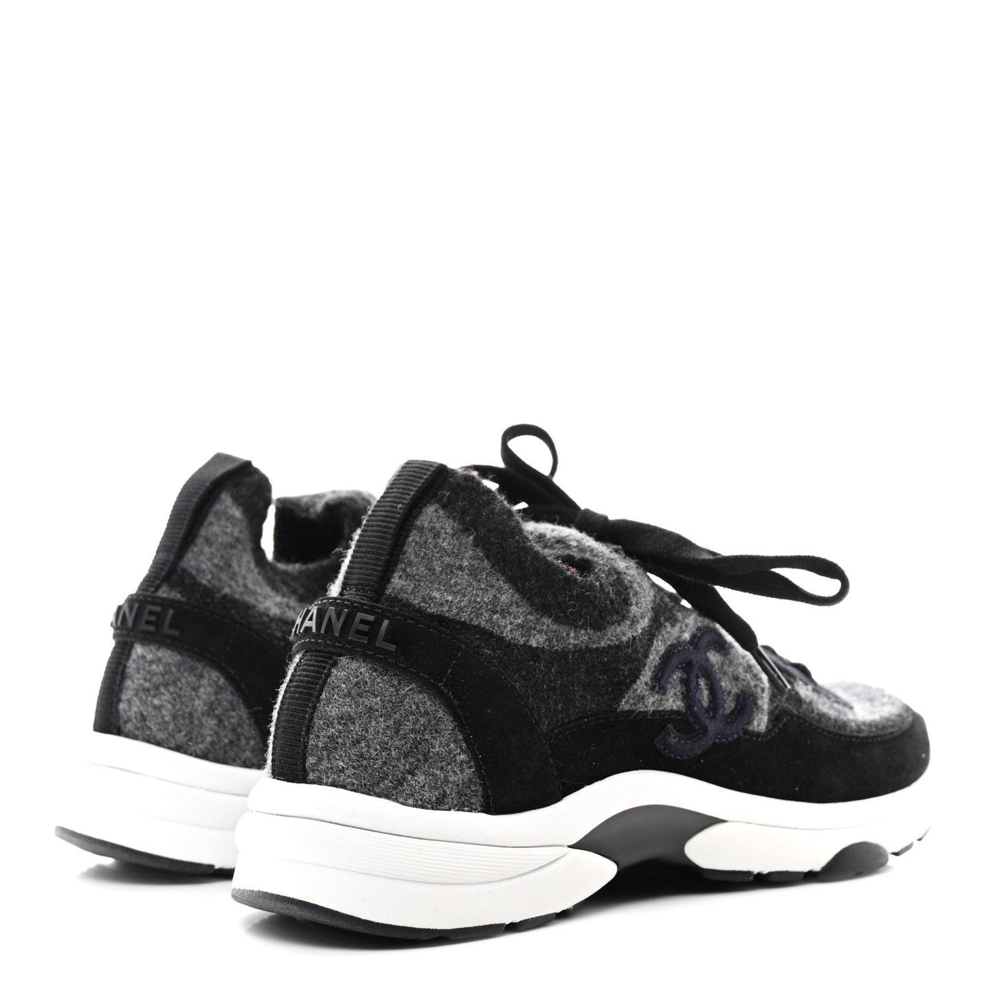 Knit Fabric Suede Calfskin Womens CC Sneakers 36.5 Grey Black