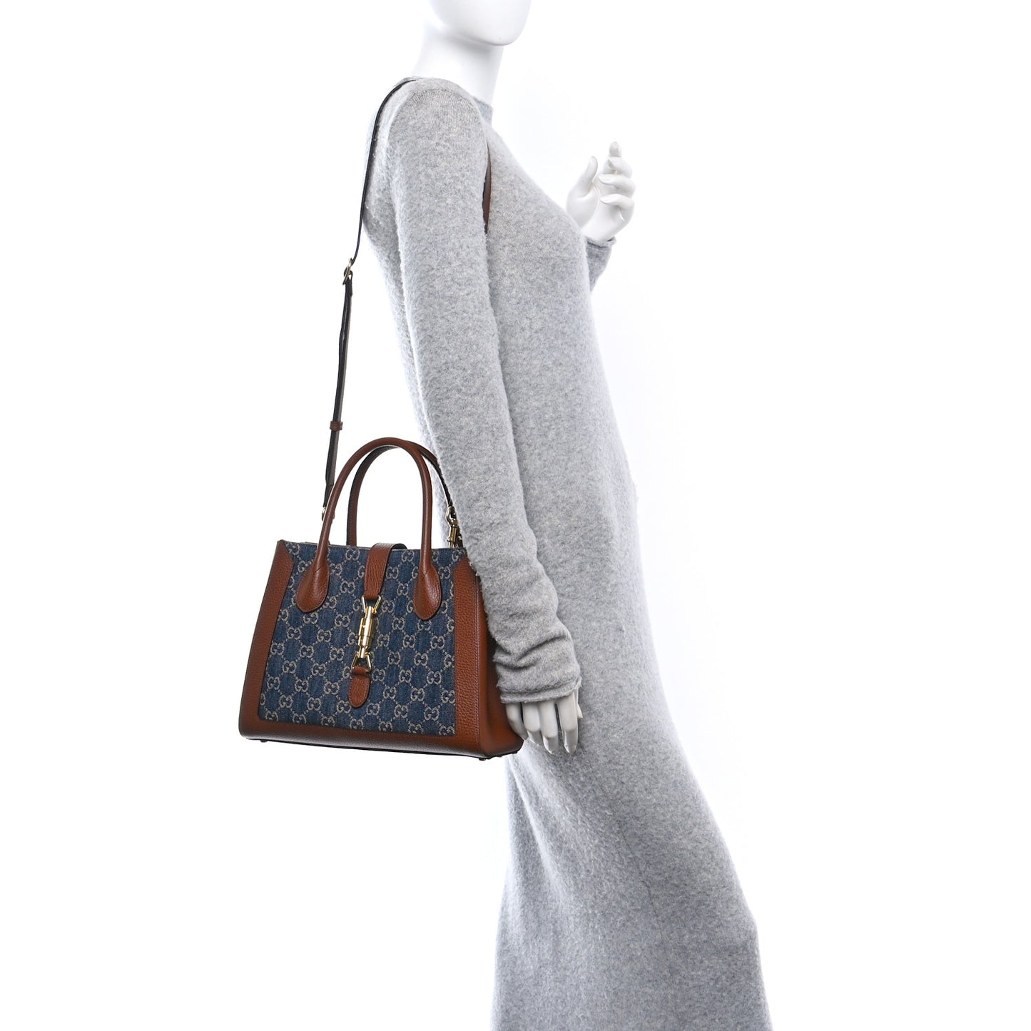 New Denim GG Monogram Dollar Calfskin Medium Jackie 1961 Tote Blue Tea Cuir Epilog