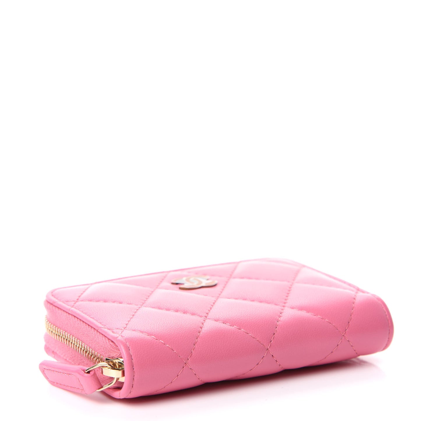 Lambskin Quilted Zip Around Coin Purse Wallet Pink Yellow