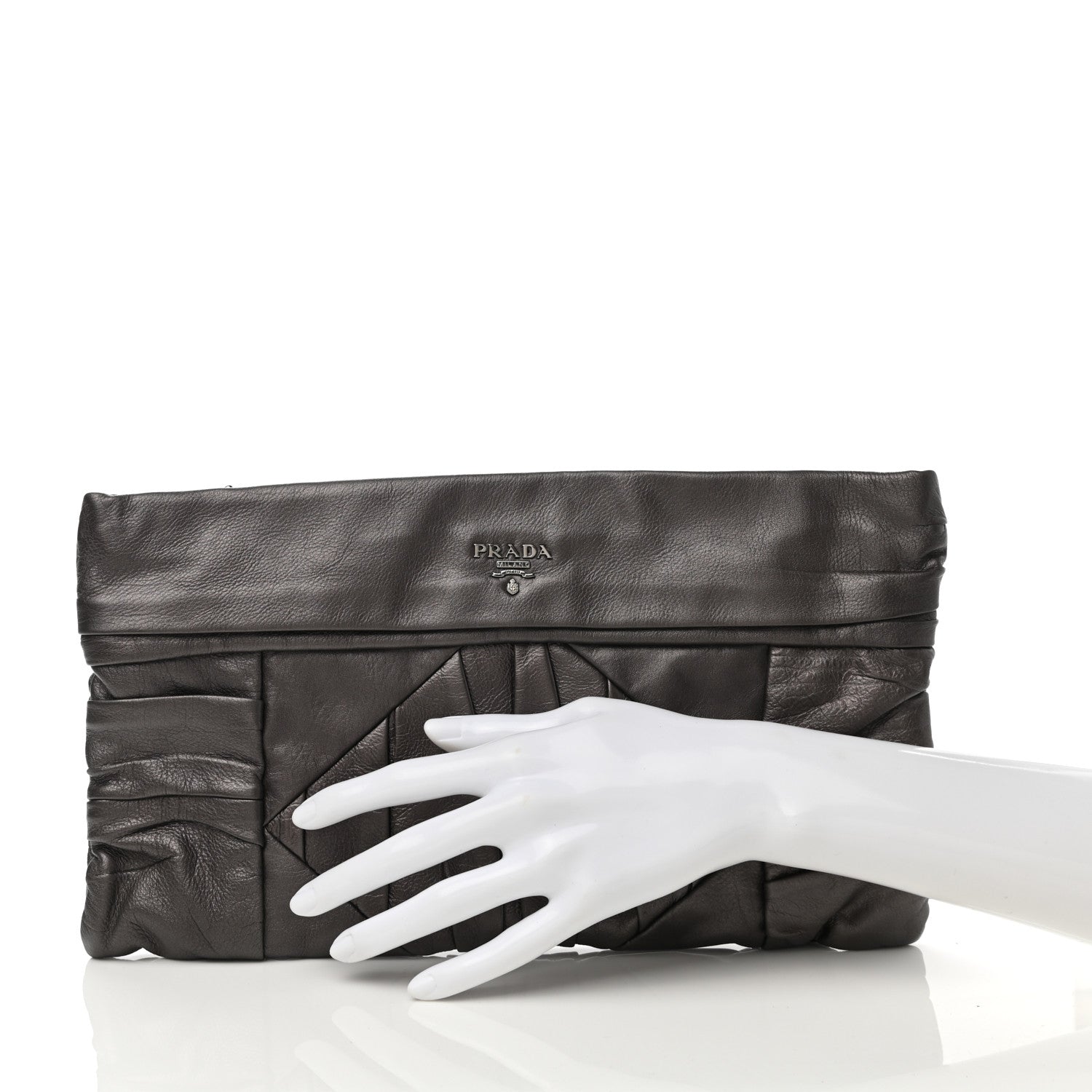 Prada Royal Calf Pleated Clutch Grafite Mordore 2 of 6