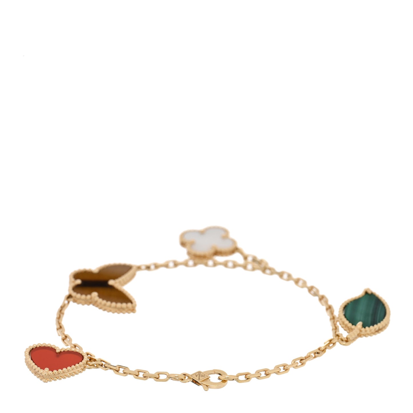 18K Yellow Gold Mother of Pearl Malachite Carnelian Tiger Eye 4 Motifs Lucky Alhambra Bracelet