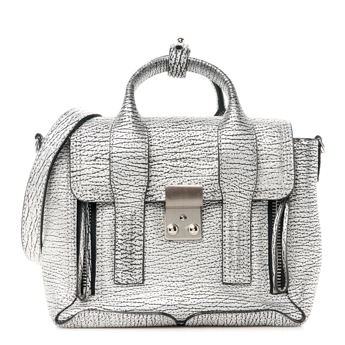Metallic Textured Calfskin Mini Pashli Satchel Black Silver