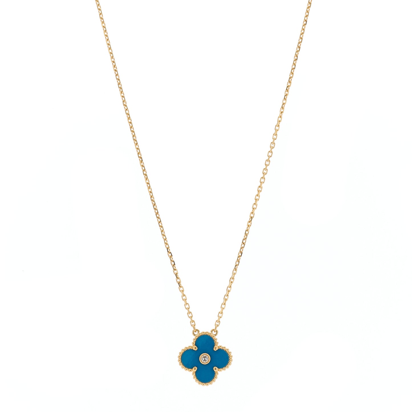 18K Yellow Gold Diamond Celestial Blue Sevres Porcelain Vintage Alhambra Pendant Necklace