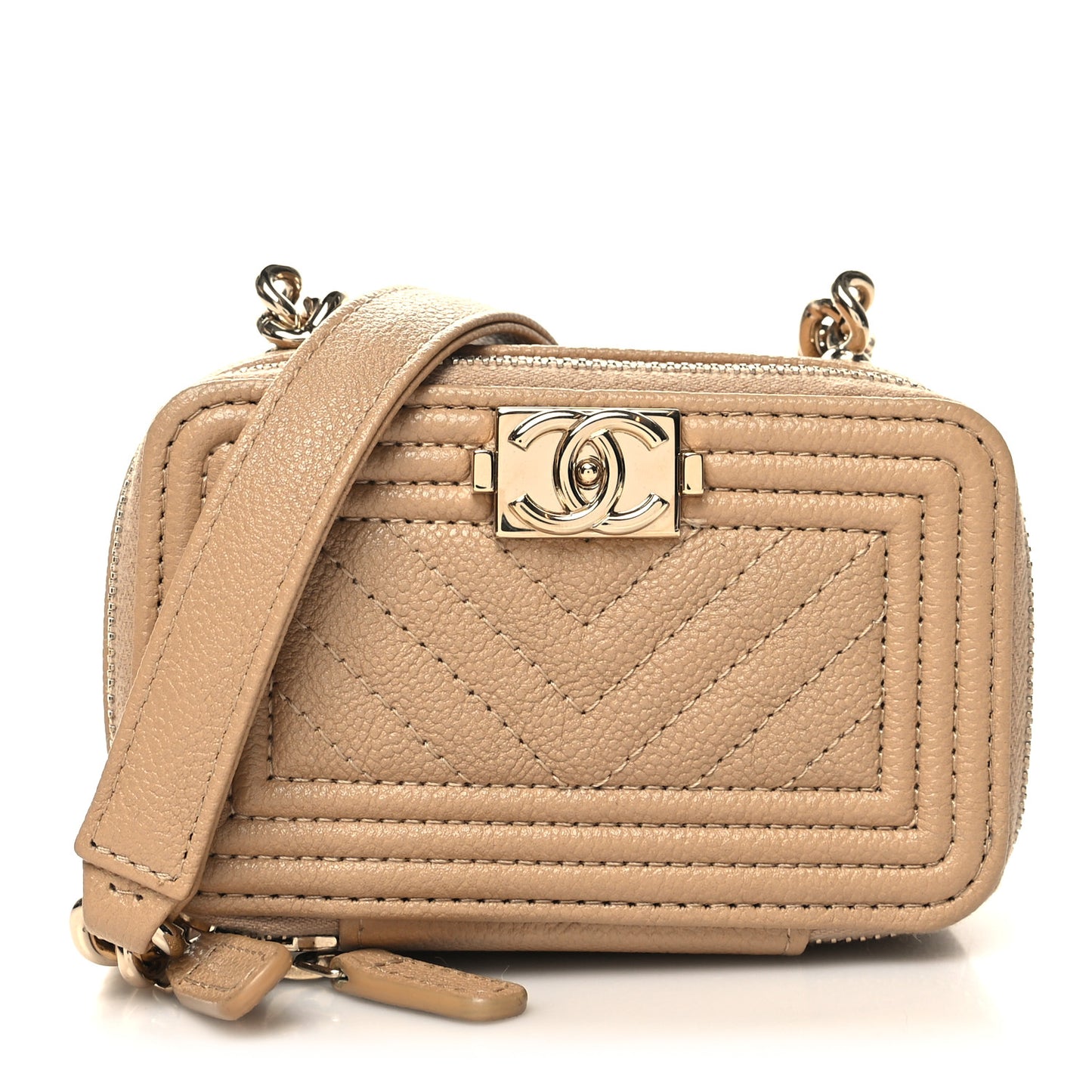 Caviar Chevron Quilted Mini Boy Clutch With Chain Beige