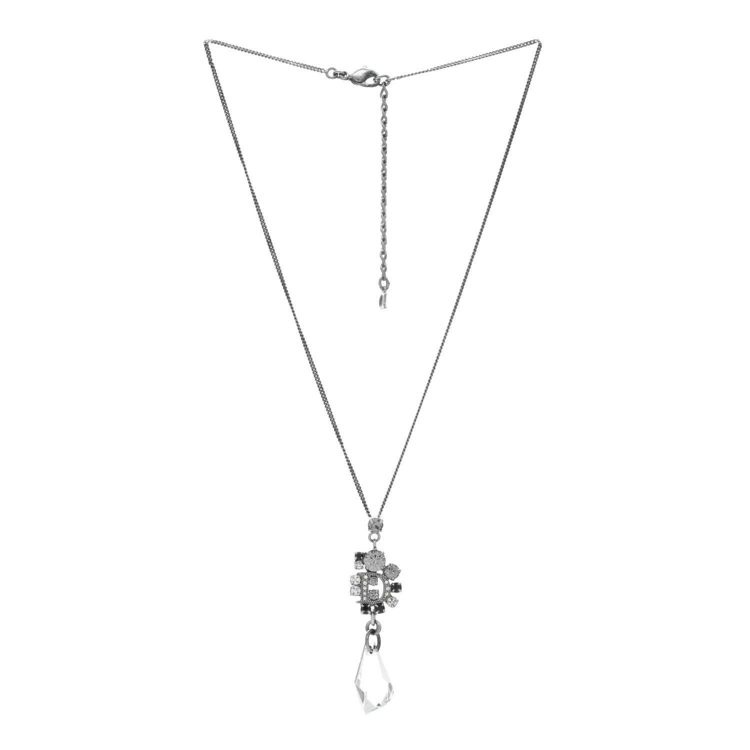 Christian Dior Crystal Logo Necklace Silver Black 3 of 4