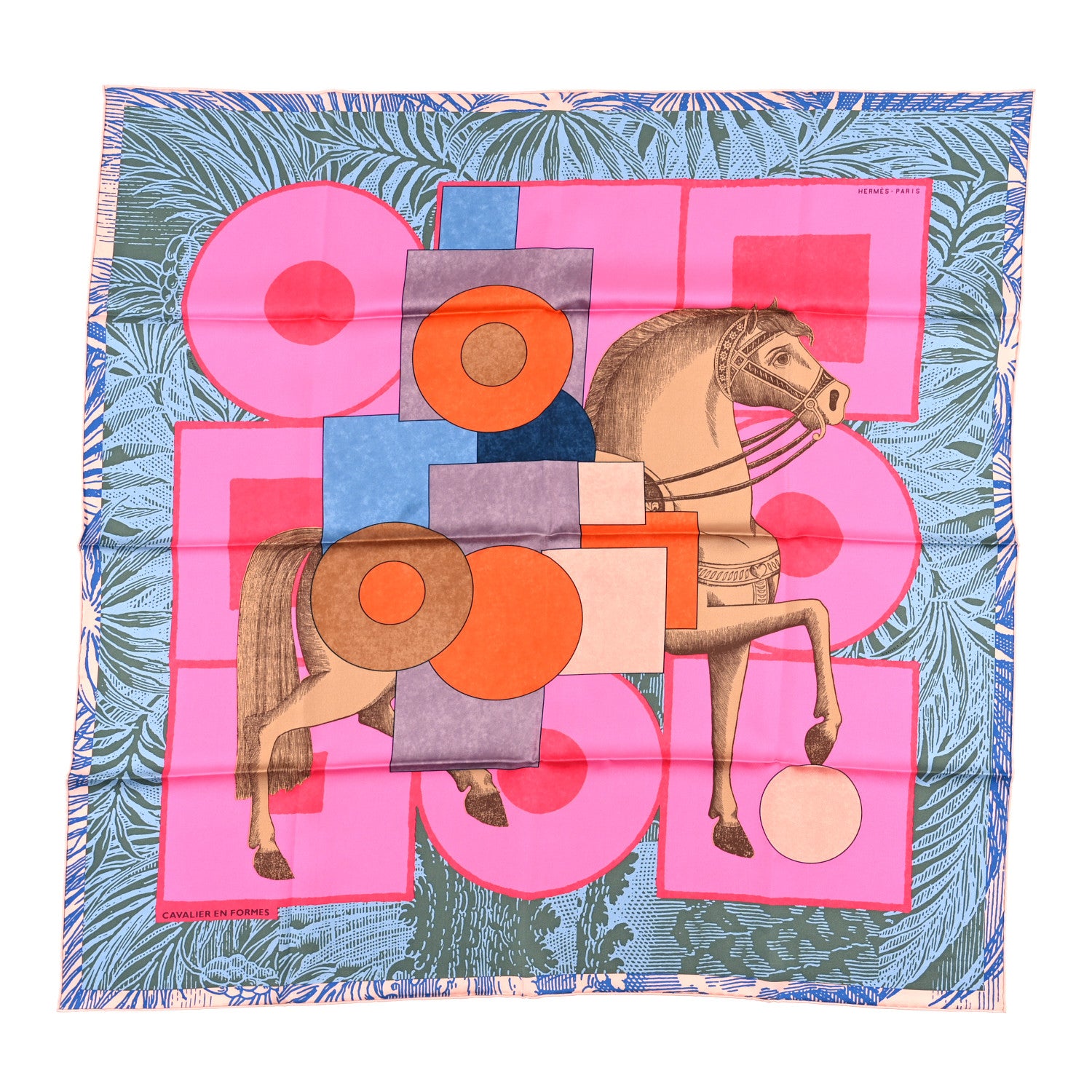 Hermes Silk Cavalier En Formes Scarf 90 Rose Vif Bleu Vert 1470708