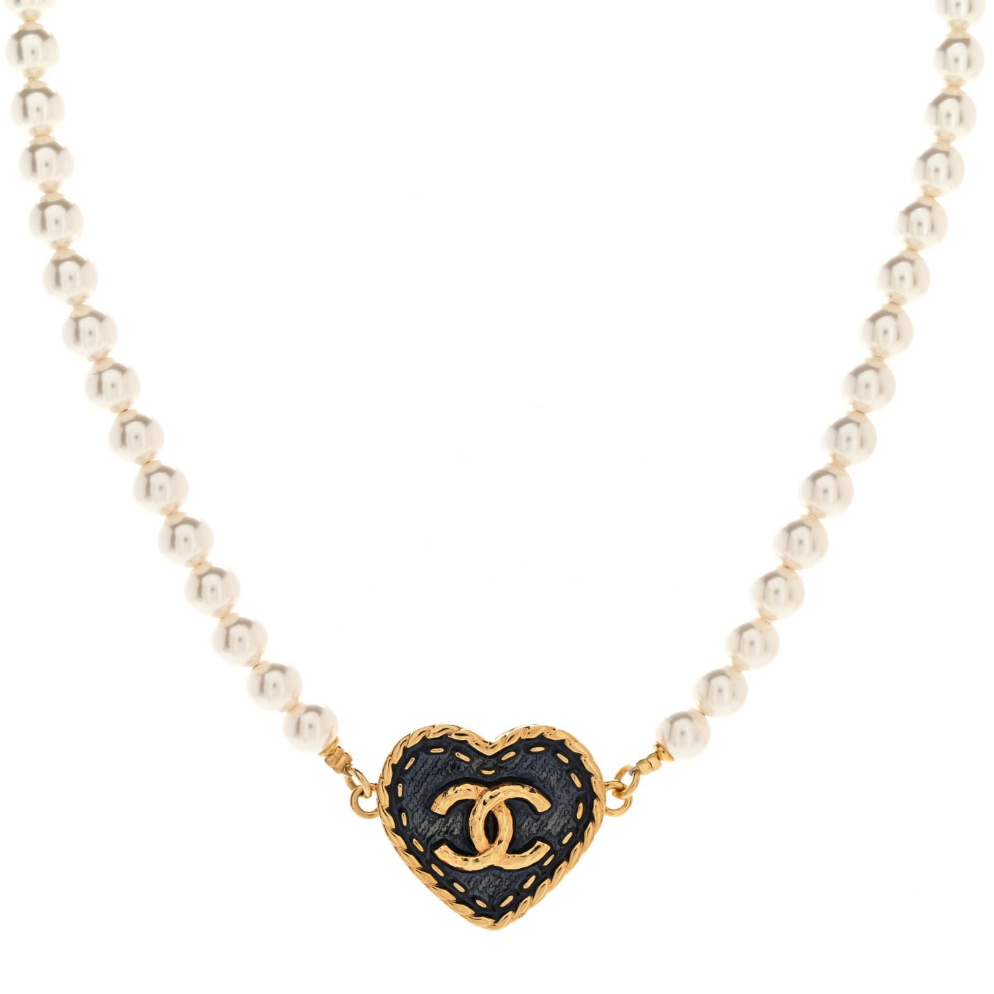 Metal Denim CC Heart Choker Gold Blue Pearly White