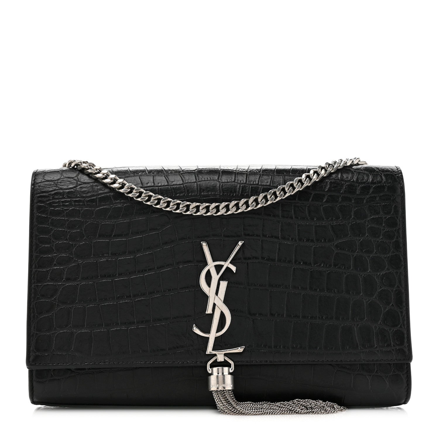 Saint Laurent Calfskin Crocodile Embossed Medium Classic Monogram Kate Tassel Satchel Black 1 of 17