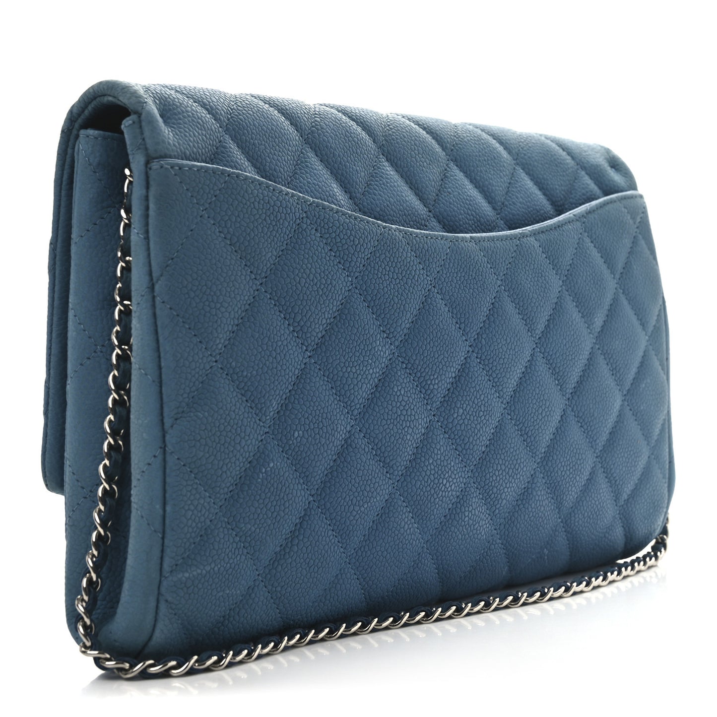 Iridescent Caviar Quilted Clutch With Chain Flap Blue