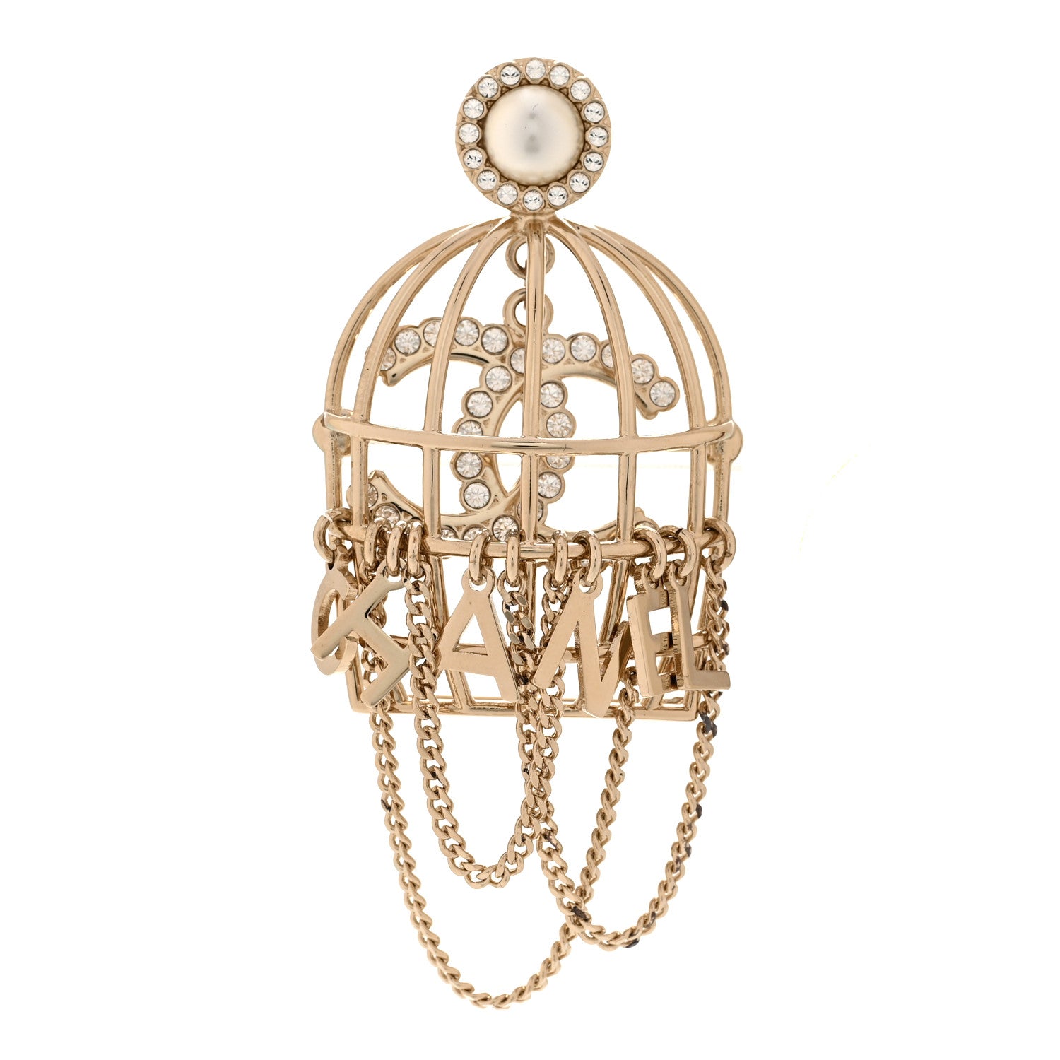 Chanel Pearl Crystal Birdcage Pin Brooch Light Gold 1879726