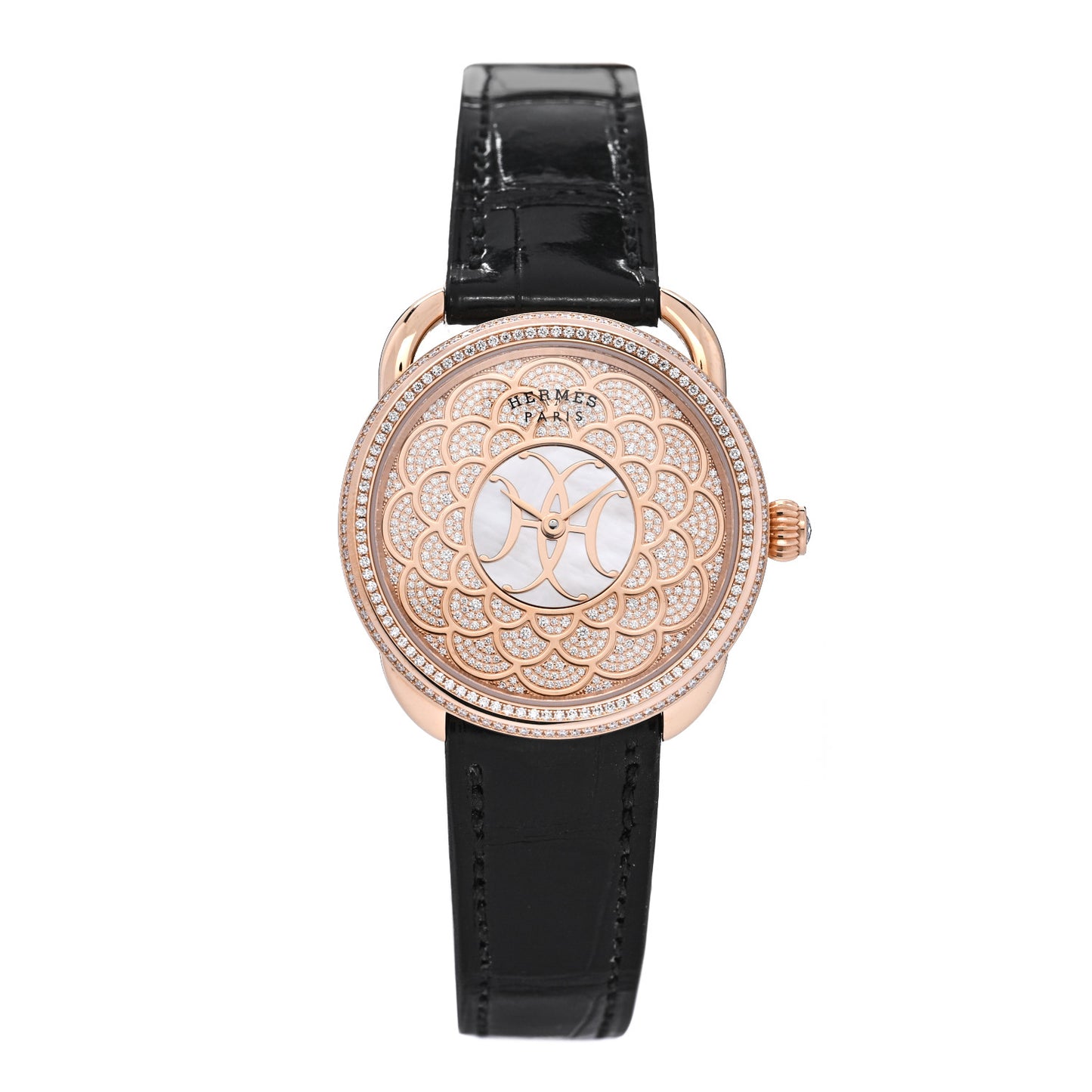 18K Rose Gold Alligator Diamond Mother of Pearl 34mm Arceau H Deco Automatic Watch