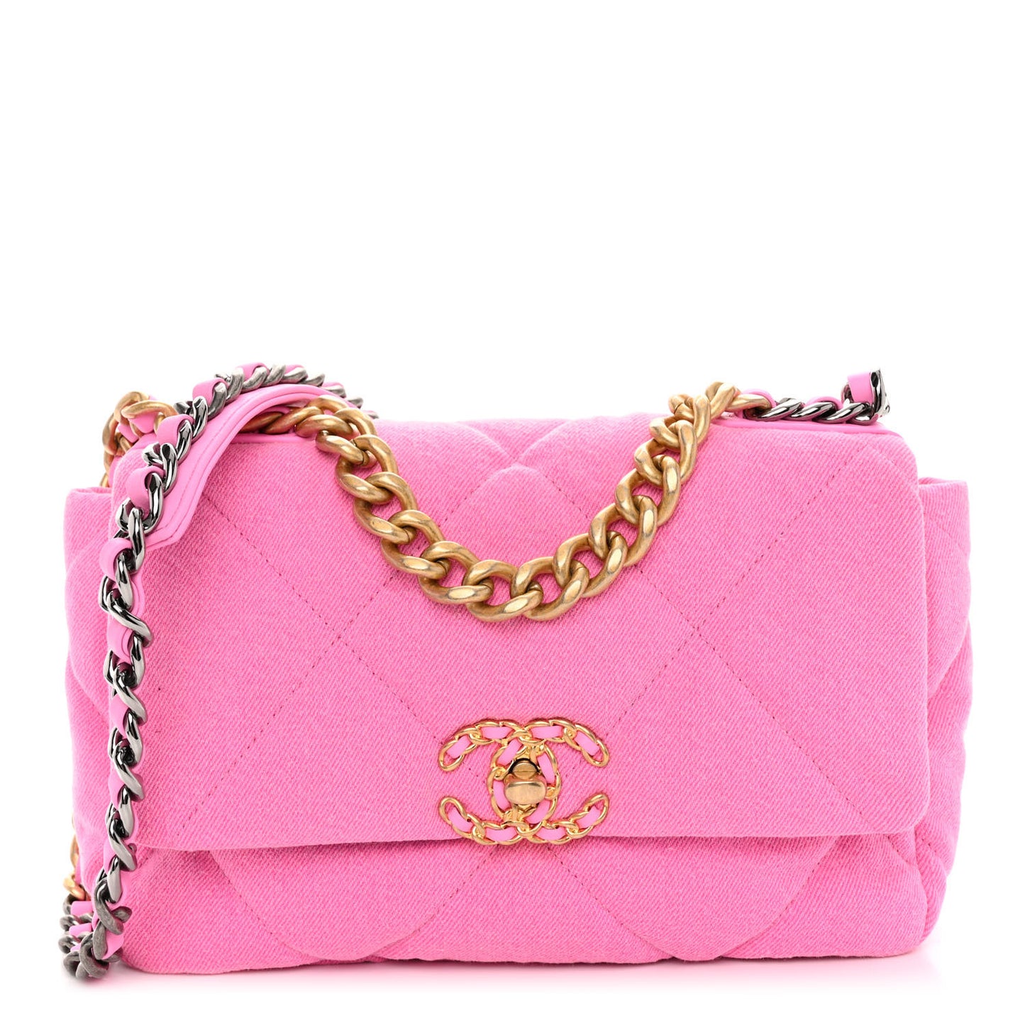 Denim Quilted Medium Chanel 19 Flap Neon Pink