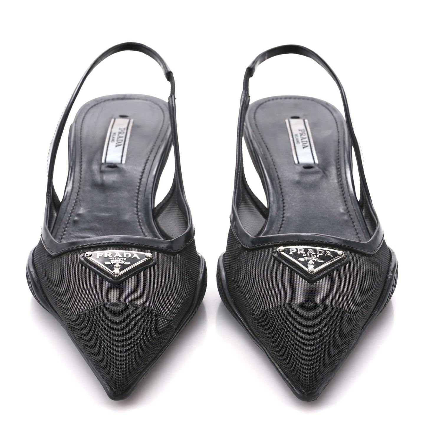 Mesh Nappa Triangle Logo Pointed Toe 45mm Slingback Pumps 36 Black