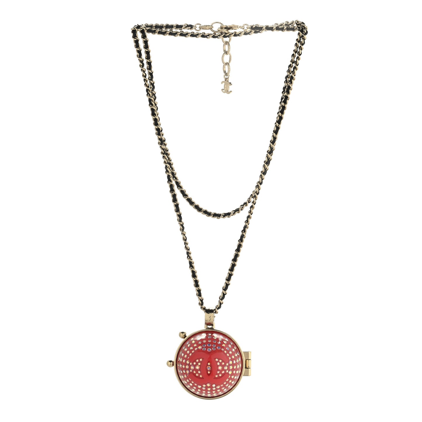 Metal Lambskin CC Crystal Locket Necklace Red