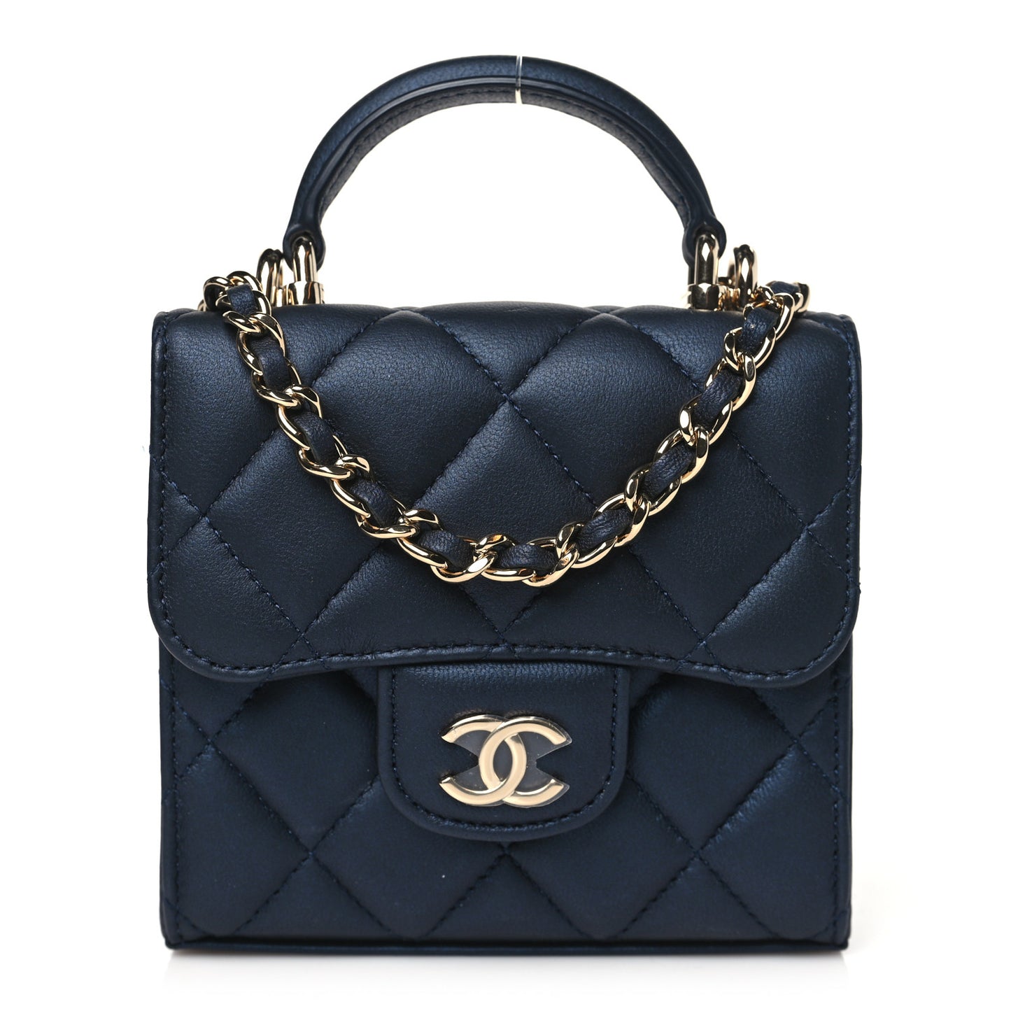 Iridescent Lambskin Quilted Top Handle Flap Clutch With Chain