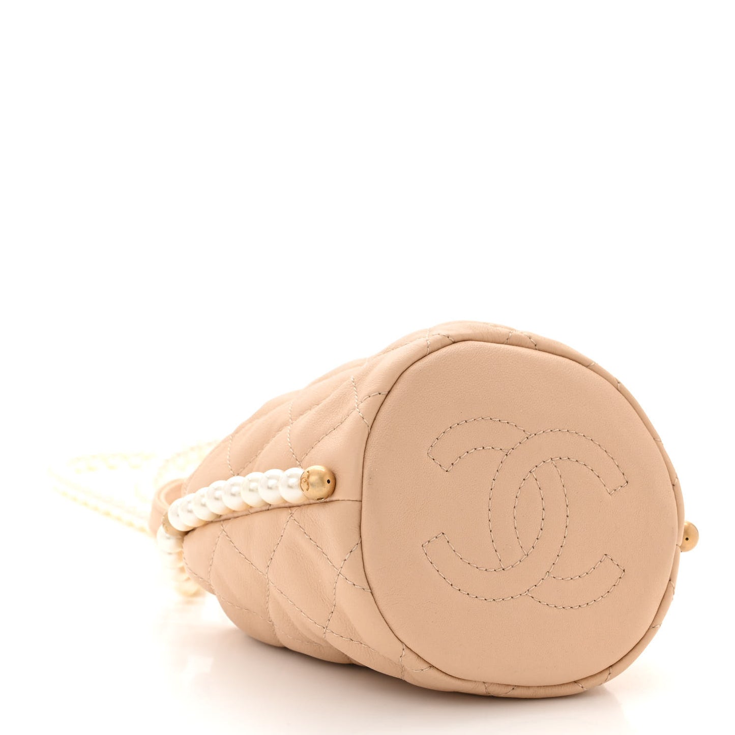 Calfskin Quilted Pearl Mini About Pearls Drawstring Bucket Bag Beige
