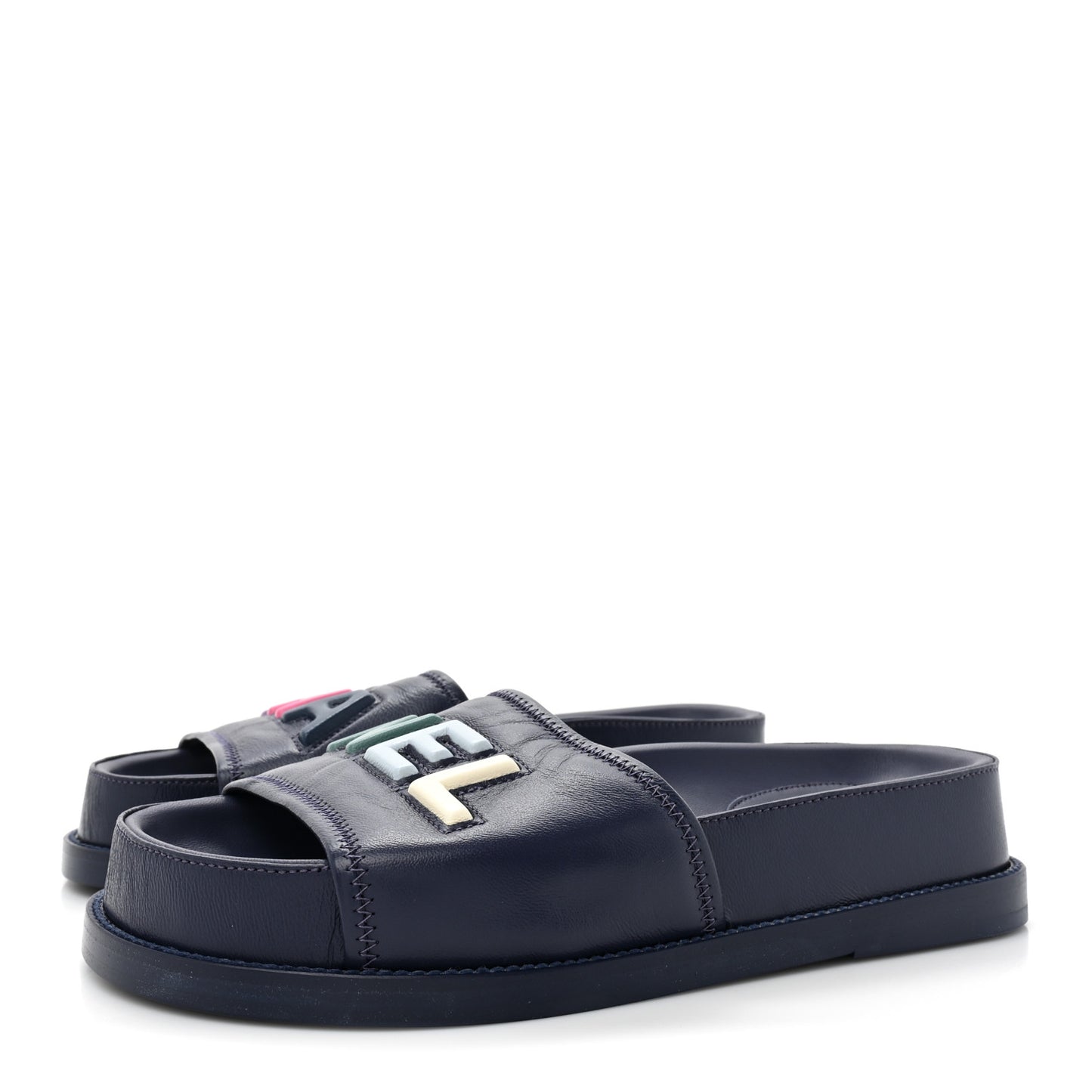 Lambskin Cha-Nel Mule Sandals 36.5 Navy Multicolor