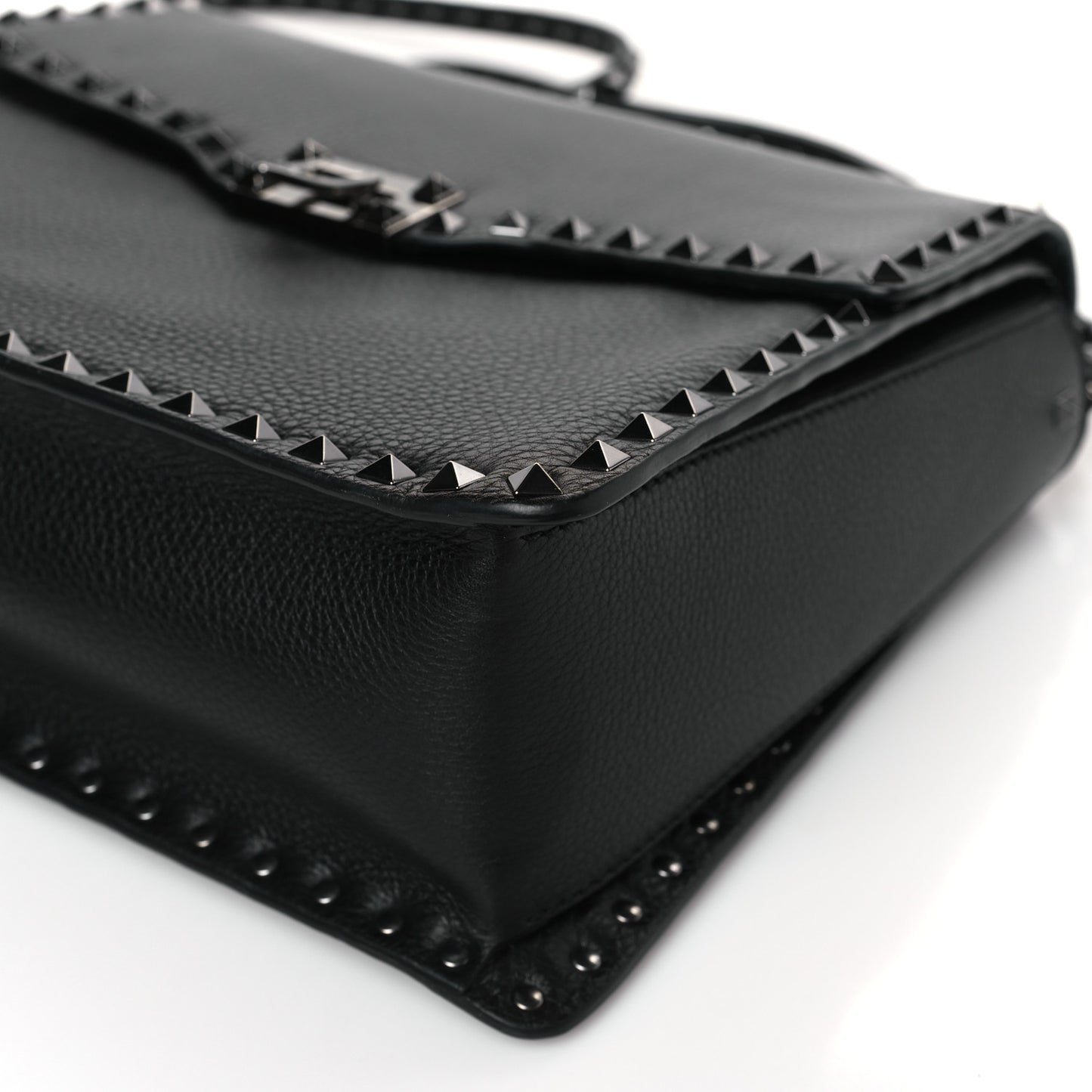 Grained Calfskin Rockstud Top Handle Flap Shoulder Bag Black