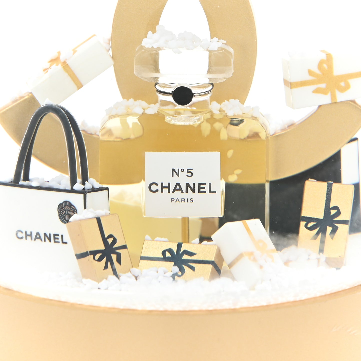 Glass CC Shopping Bag Snow Globe Gold