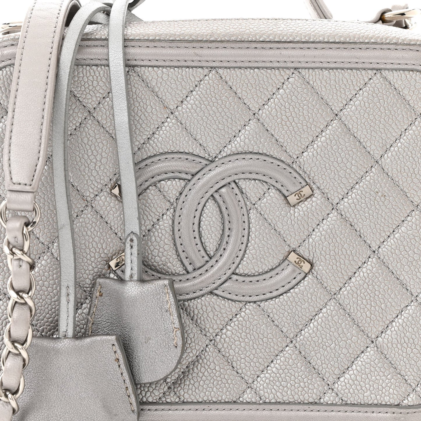 Metallic Caviar Quilted Medium CC Filigree Vanity Case Silver