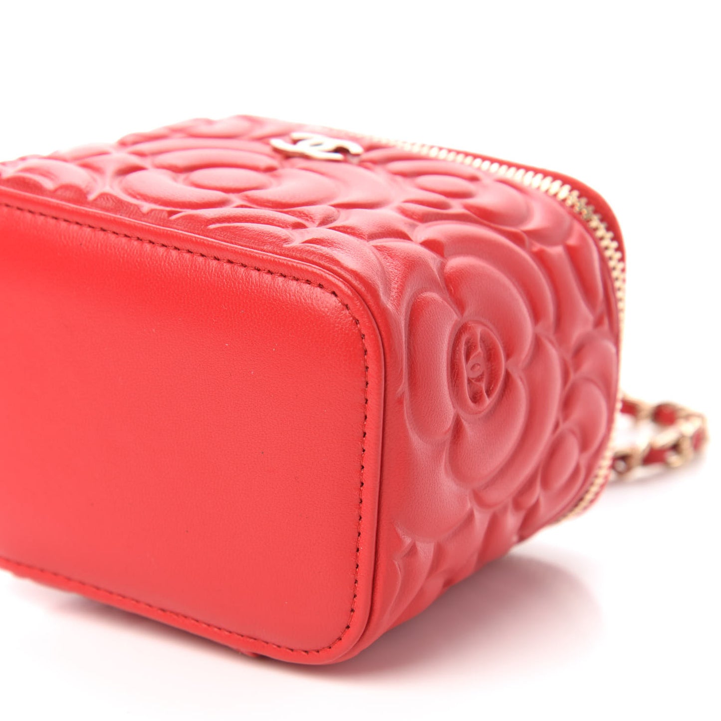 Lambskin Camellia Embossed Mini Vanity Case With Chain Red