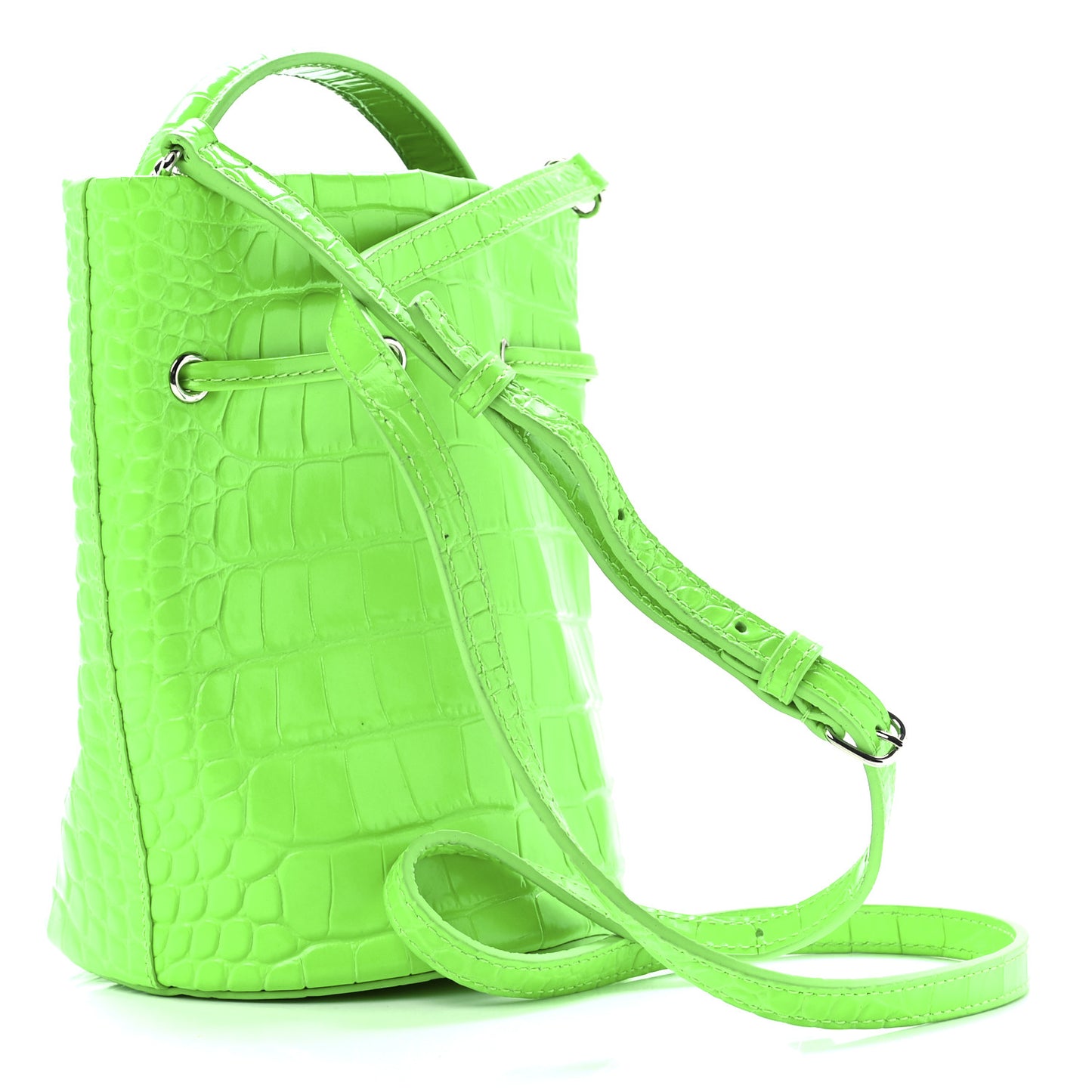 Shiny Calfskin Logo Crocodile Embossed XS Everyday Drawstring Bucket Bag Fluo Green