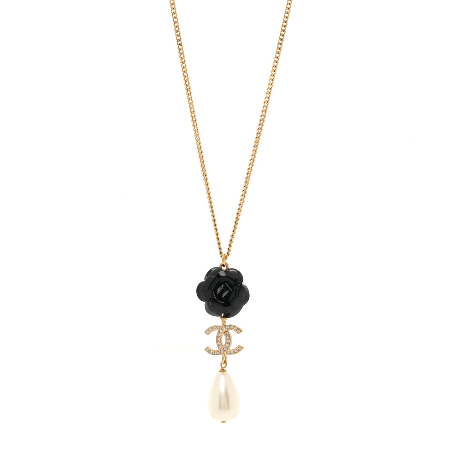 Enamel Crystal Pearl CC Camellia Necklace Gold Black