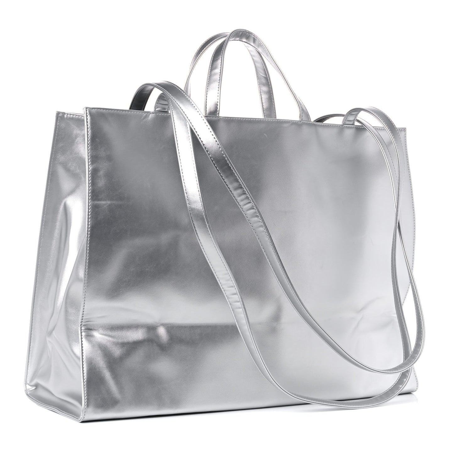 Metallic Vegan Leather Large Shopping Bag Silver