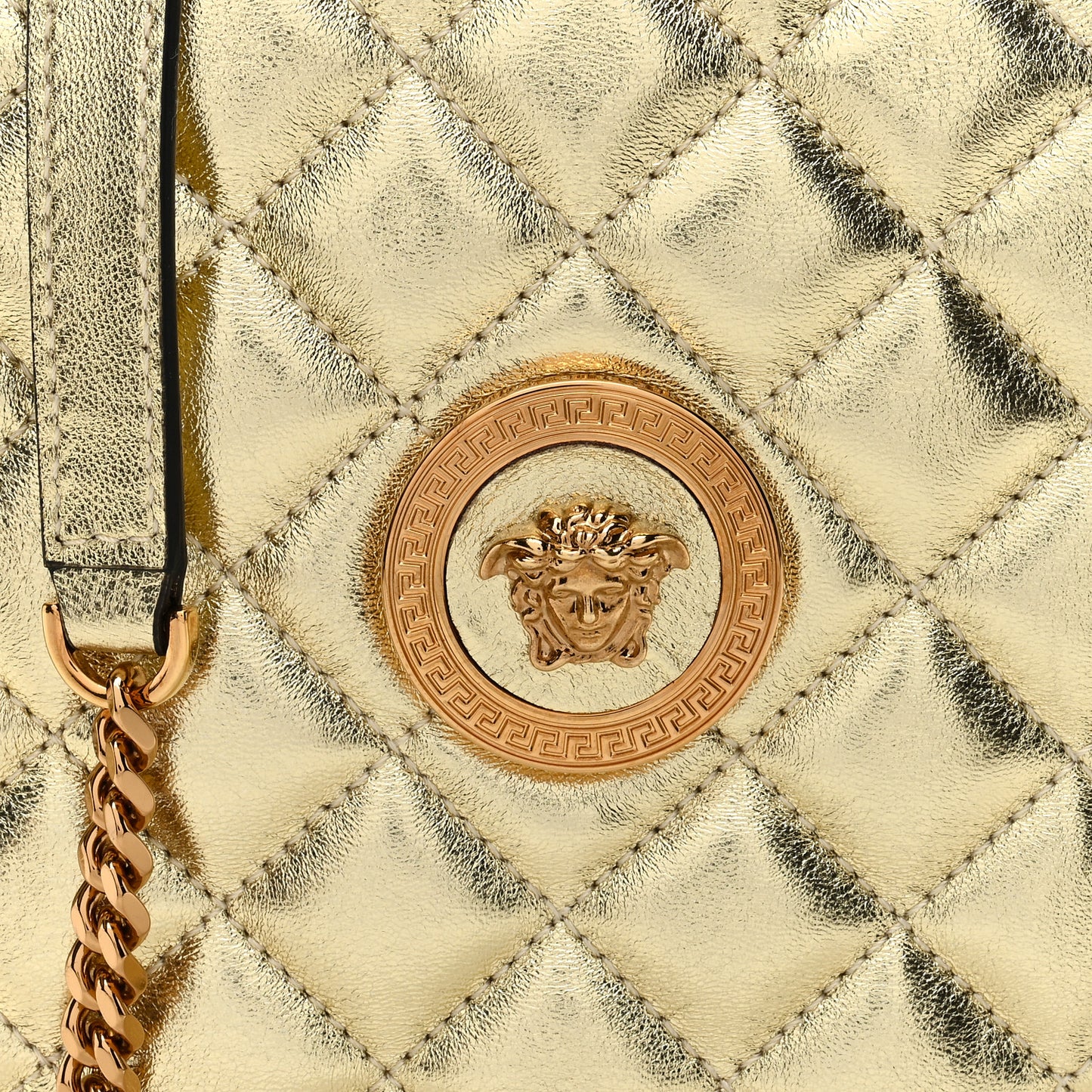 Metallic Nappa Quilted La Medusa Round Camera Bag Gold