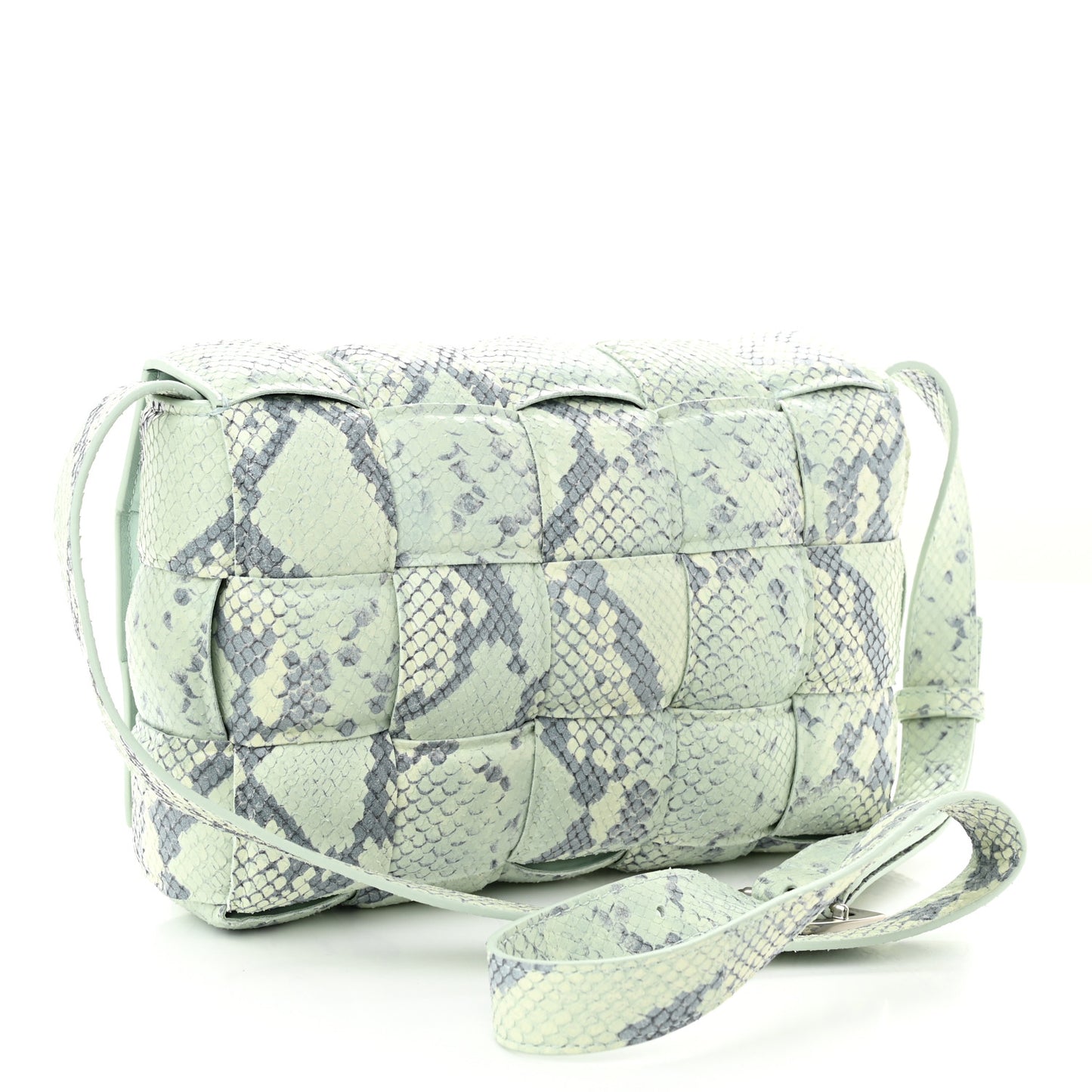 Goatskin Python Embossed Padded Cassette Crossbody Bag Dew Black Silver
