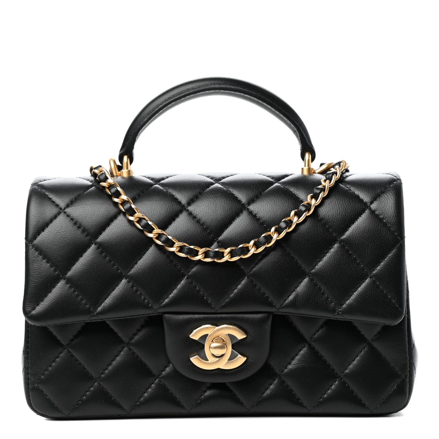 Lambskin Quilted Mini Top Handle Rectangular Flap Black