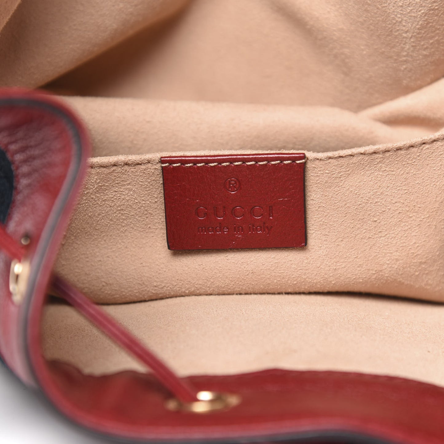 Suede Calfskin Web Medium Rajah Bucket Bag New Blue Romantic Cherry