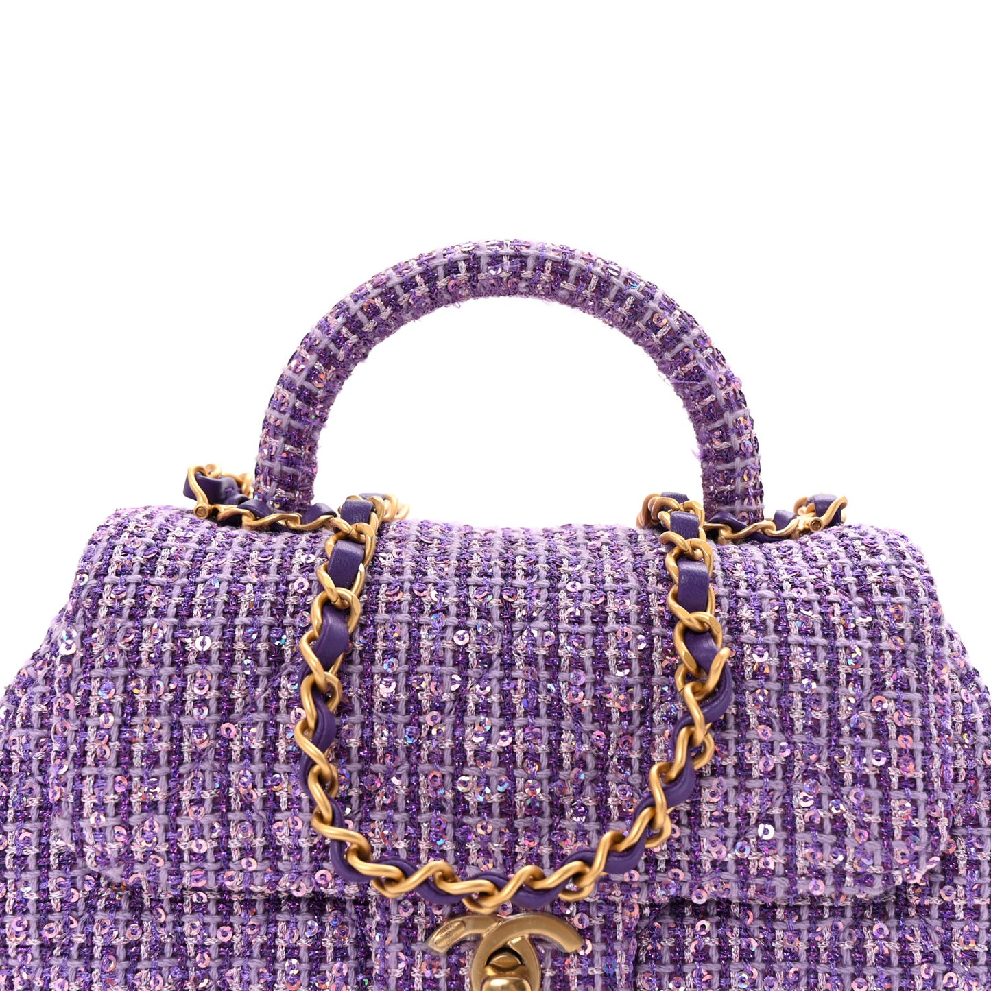 Tweed Sequin Quilted Baywatch Top Handle Flap Purple Silver Light Purple