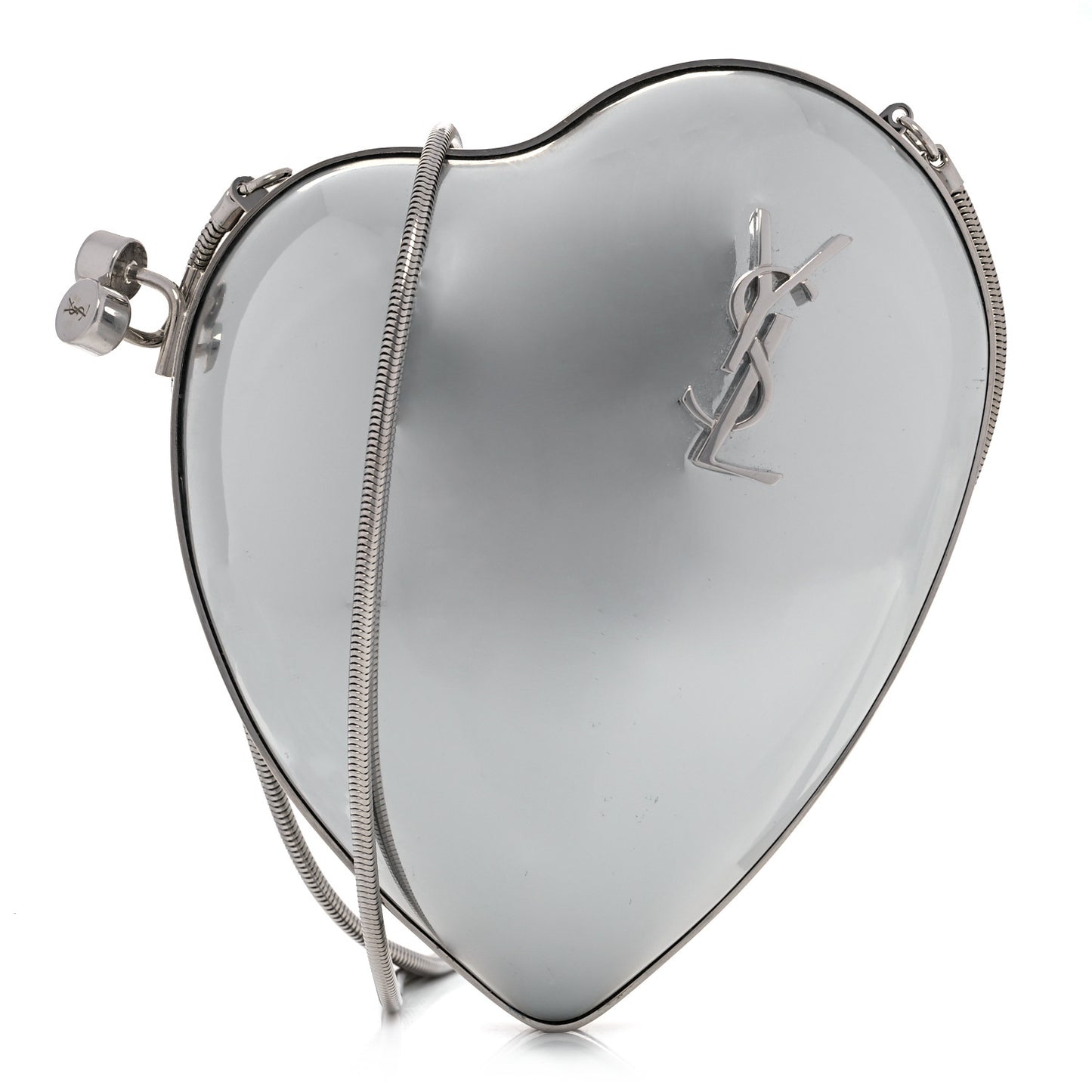 Mirror Vinyl Heart Monogram Love Box Crossbody Silver