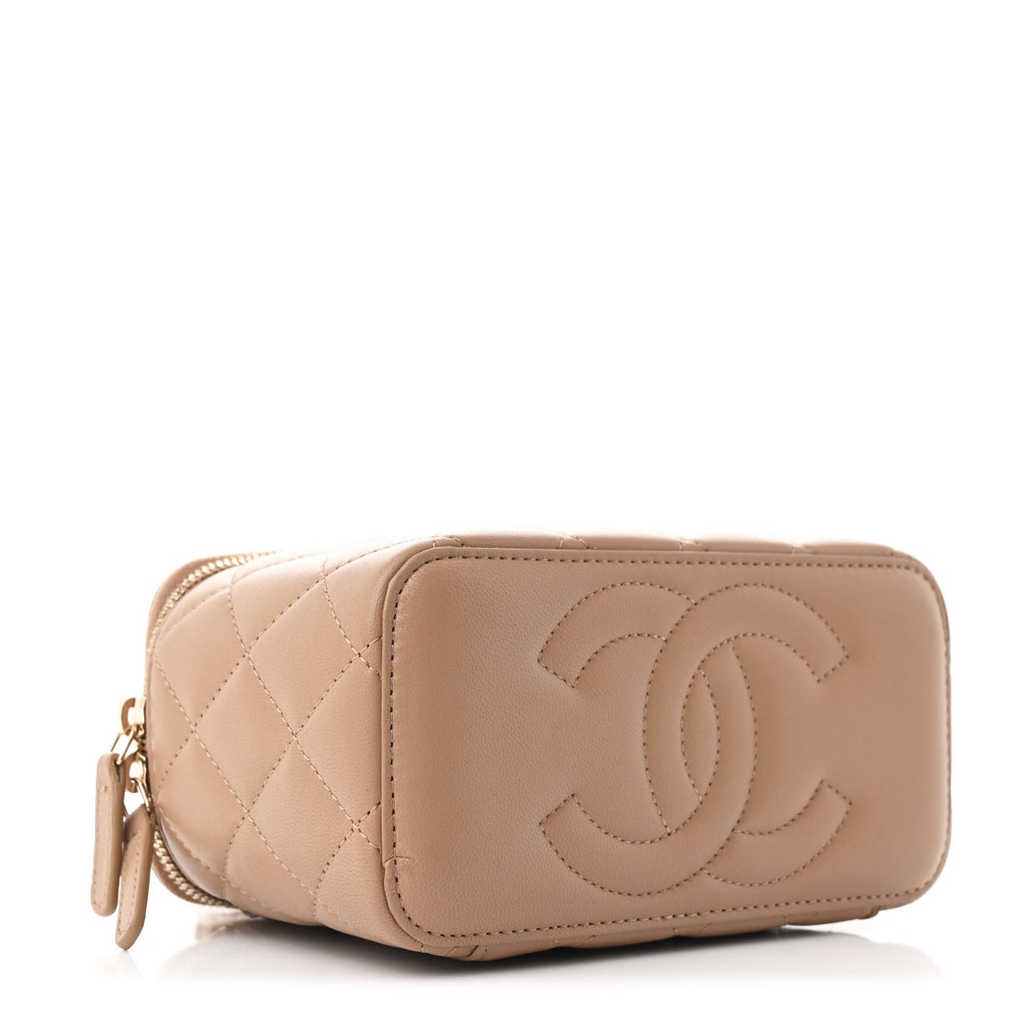 Lambskin Quilted Metal Small Top Handle Vanity Case With Chain Beige