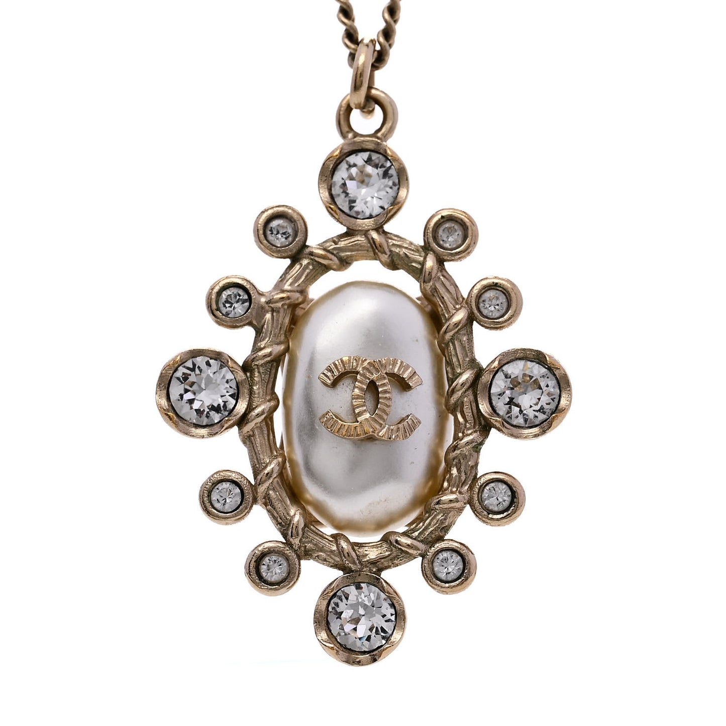 Pearl Crystal CC Pendant Necklace Gold White