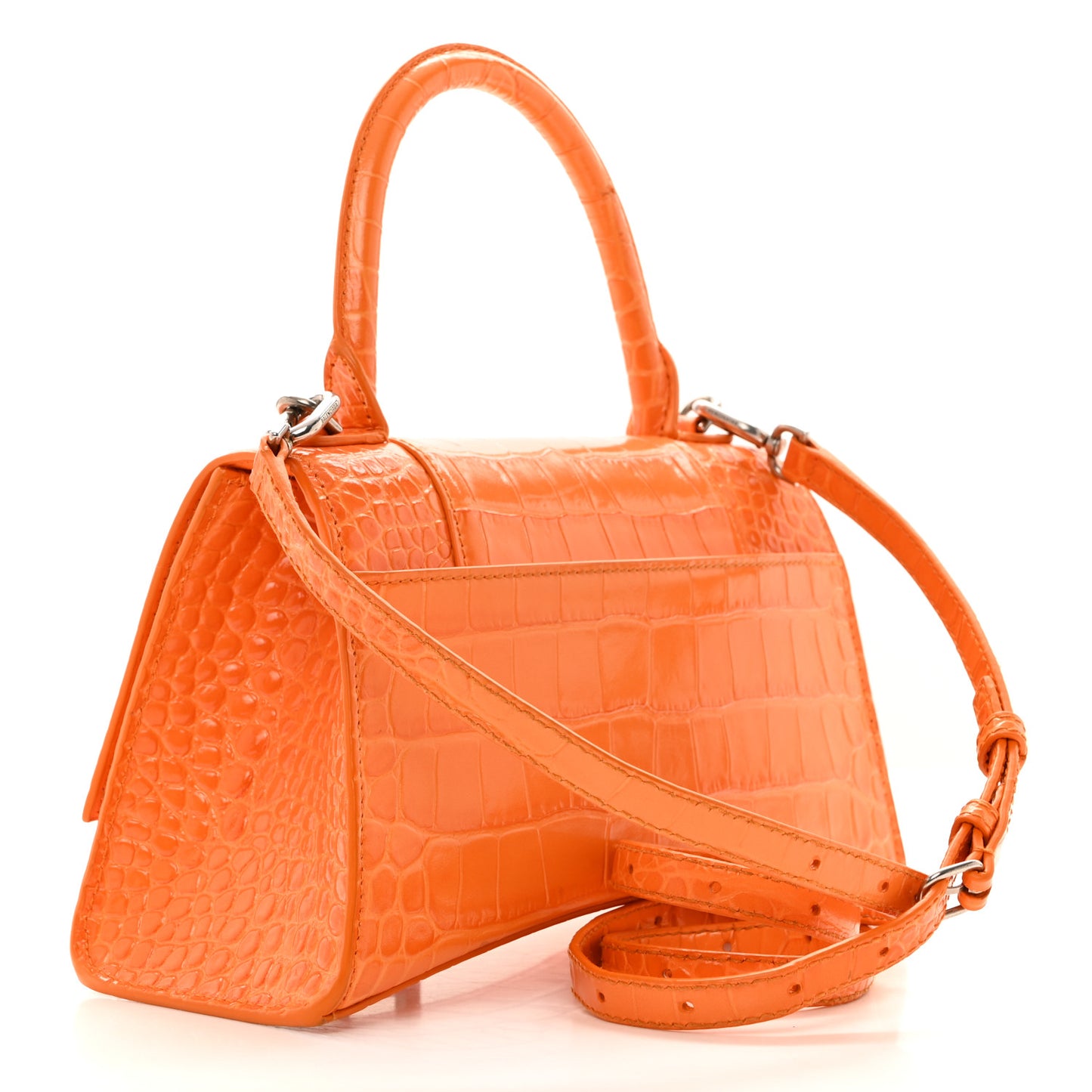 Shiny Calfskin Crocodile Embossed Small Hourglass Top Handle Bag Pop Orange
