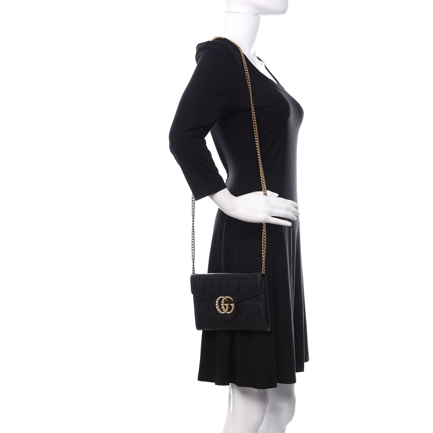 Calfskin Matelasse Mini Pearly GG Marmont Chain Wallet Black