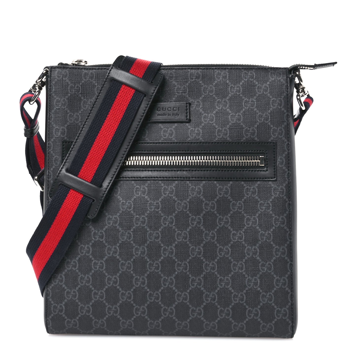 GG Supreme Monogram Appia Calfskin Web Flat Messenger Bag Black Grey