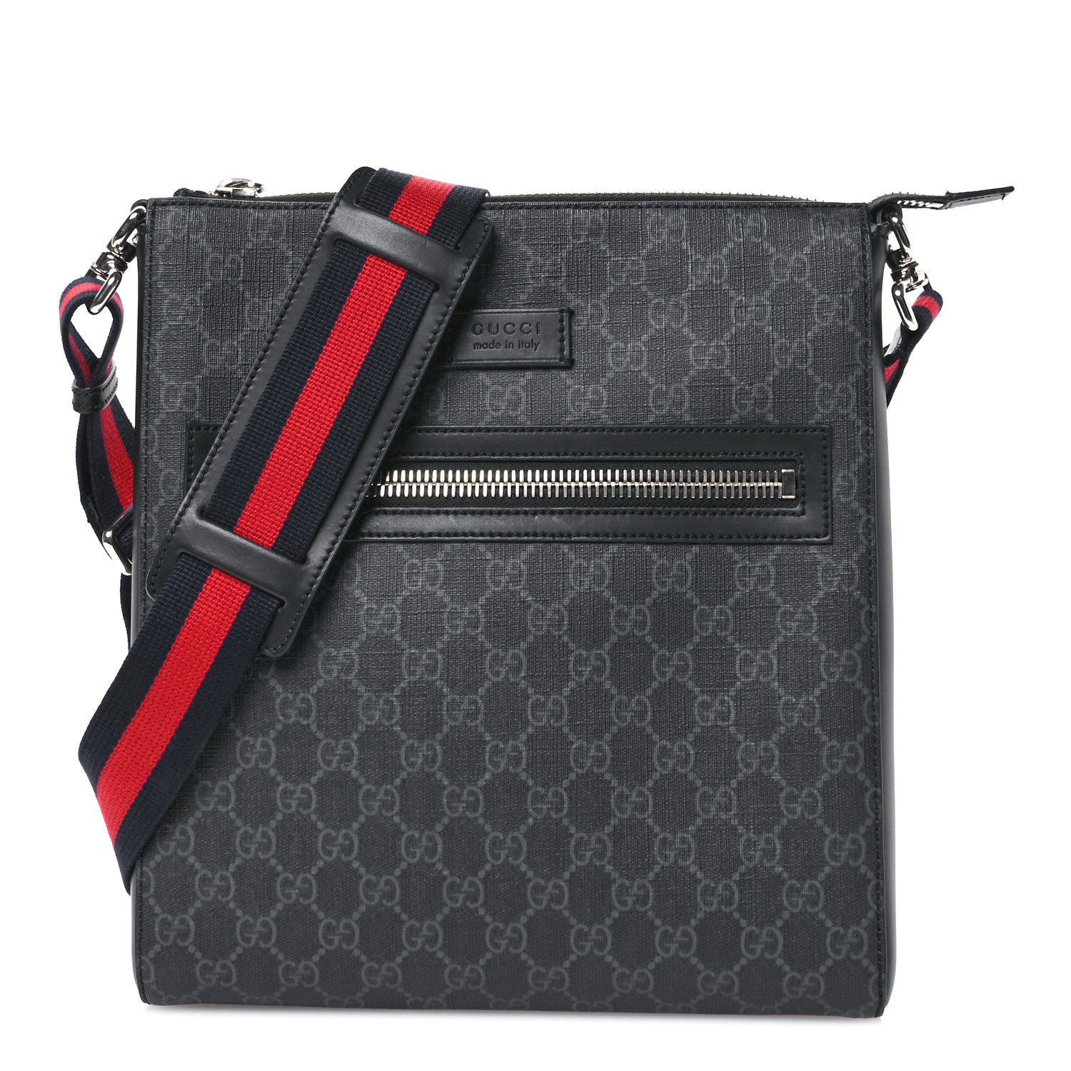 Gucci GG Supreme Monogram Appia Calfskin Web Flat Messenger Bag Black Grey 1 of 11