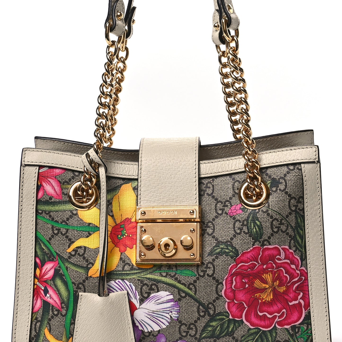 GG Supreme Monogram Flora Textured Calfskin Small Padlock Tote Beige Ebony Multicolor Mystic White